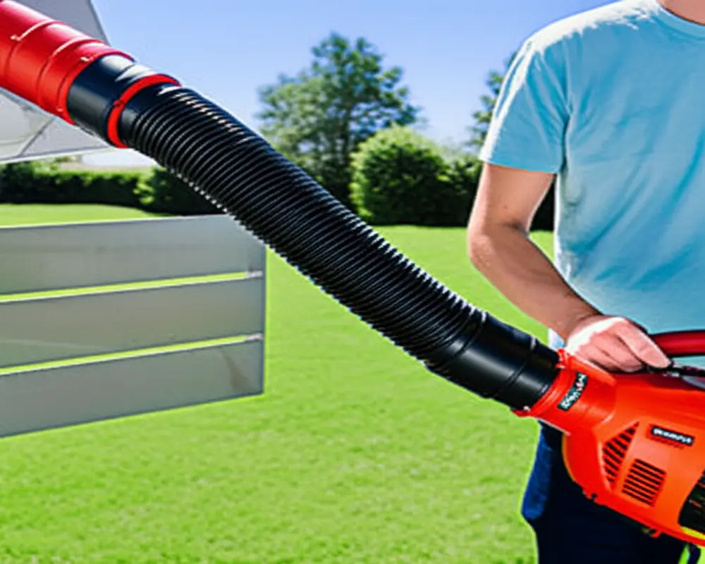 Gutter cleaning kit attached to leaf blower showing extended tube