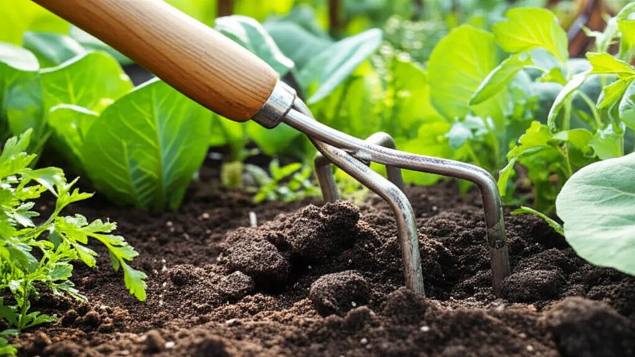 Close-up of a hand cultivator tool used in companion planting garden beds