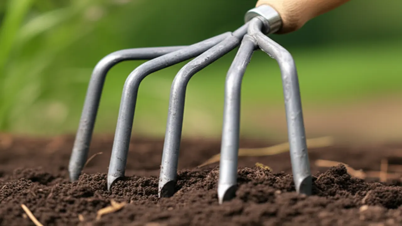 Hand cultivator tool close-up for flower beds