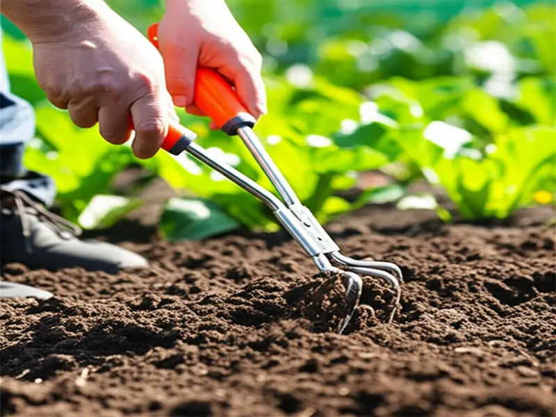 A collection of diverse hand cultivators on a wooden surface, including a claw cultivator, hori-hori knife, and a stirrup hoe, ready for organic gardening tasks.