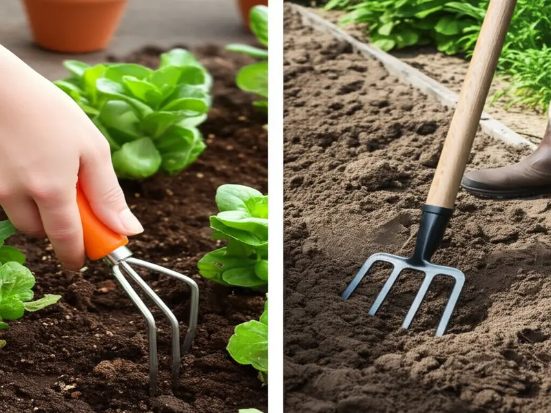 Side-by-side comparison of a hand fork and a garden fork, highlighting their size difference.