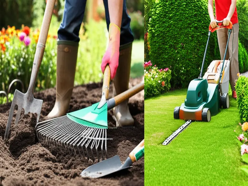 A side-by-side comparison illustrating hand tools like a trowel and pruners next to power tools such as a cordless drill and a hedge trimmer, symbolizing the choice between manual and mechanized gardening.