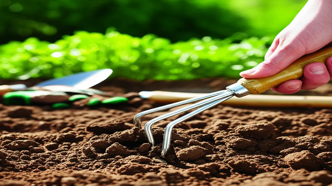 Hand cultivator in clay soil loosening soil clumps for gardening