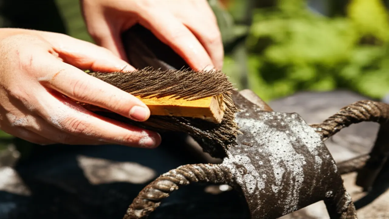 Hand cultivator being cleaned with a stiff brush to remove soil during winter care