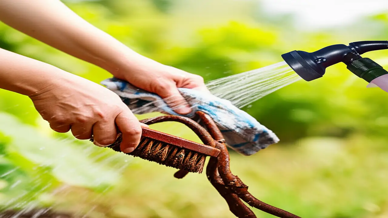 Cleaning and maintaining a hand cultivator after use in clay soil to prevent rust