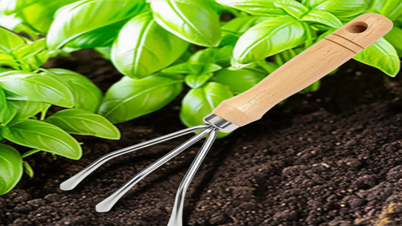 Hand cultivator tool used for herbs gardening showing tines and ergonomic handle Hand cultivator tool used for herbs gardening showing tines and ergonomic handle