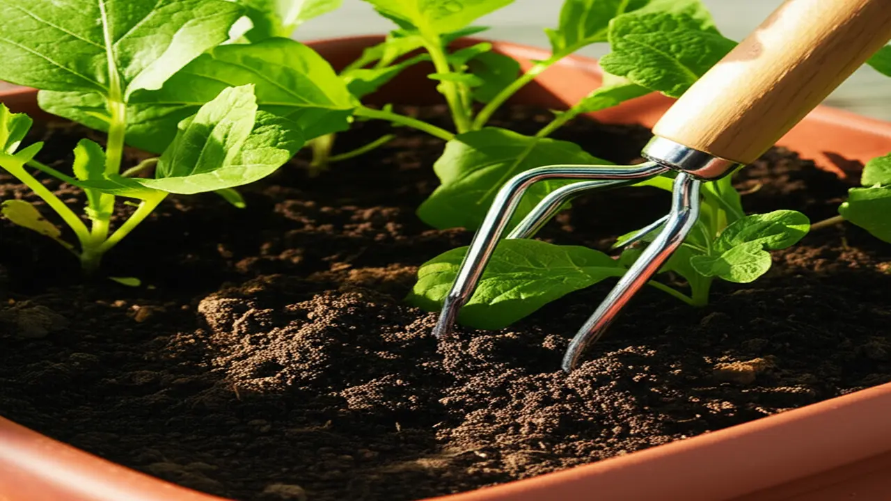 Hand cultivator aerating container soil Hand cultivator aerating soil in container gardening to improve plant growth