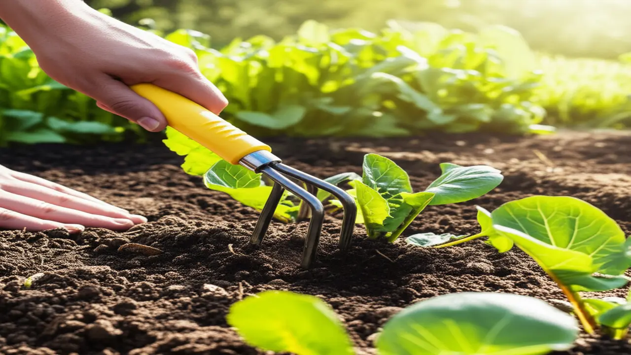 Hand cultivator being used in vegetable garden for soil aeration