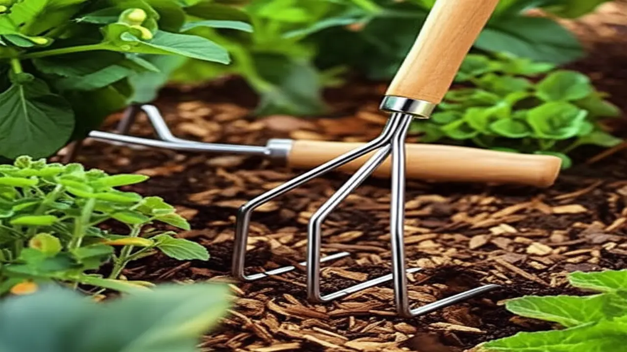 Hand cultivator tools used for mulching and soil aeration in a garden