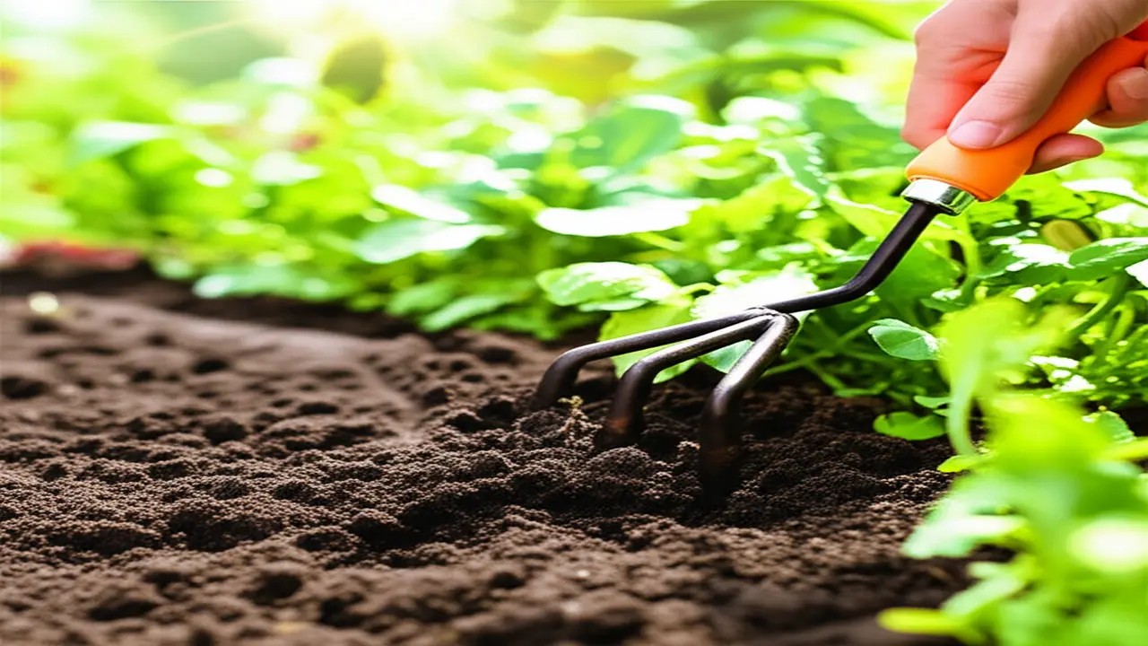 Hand cultivator aerating soil in an organic garden