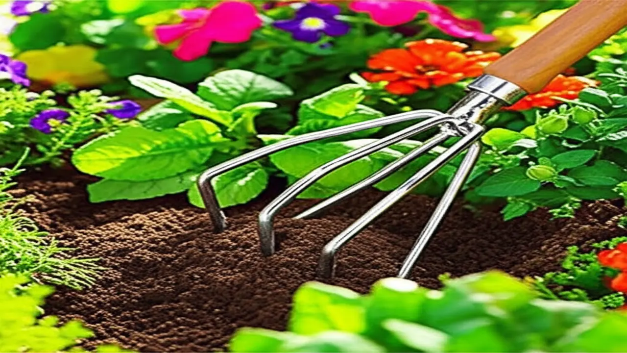 Hand cultivator tool with claw-like tines loosening soil in a garden bed