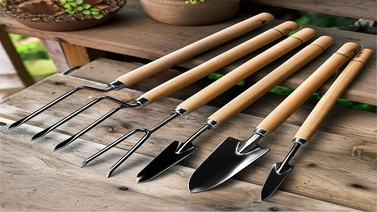 Different types of hand cultivators including short-handled and long-handled tools