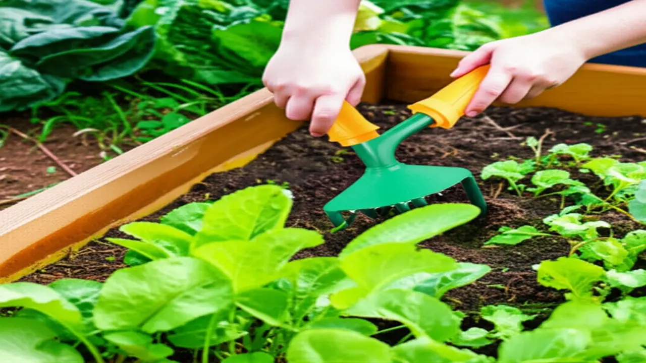 Gardener using hand cultivator in a raised garden bed