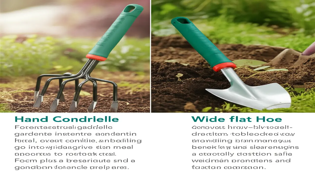 Side-by-side comparison of hand cultivator and hoe showing key features and uses