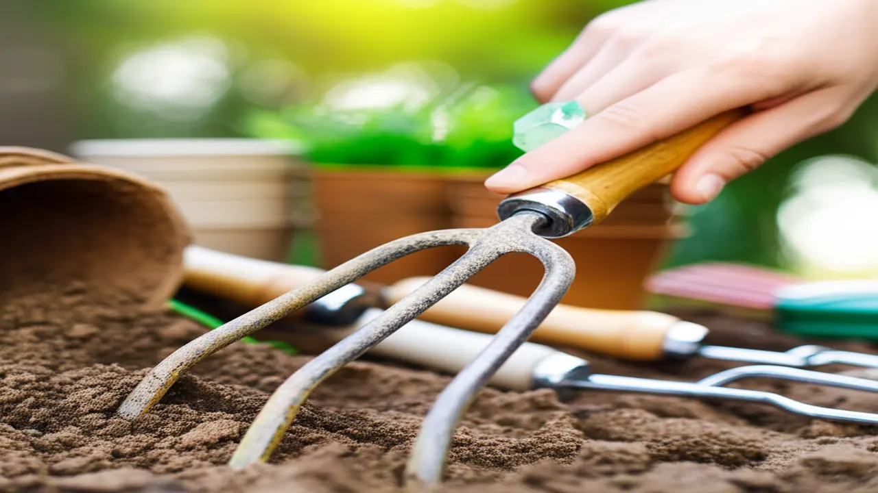 Cleaning and oiling a garden hand fork for rust prevention and maintenance
