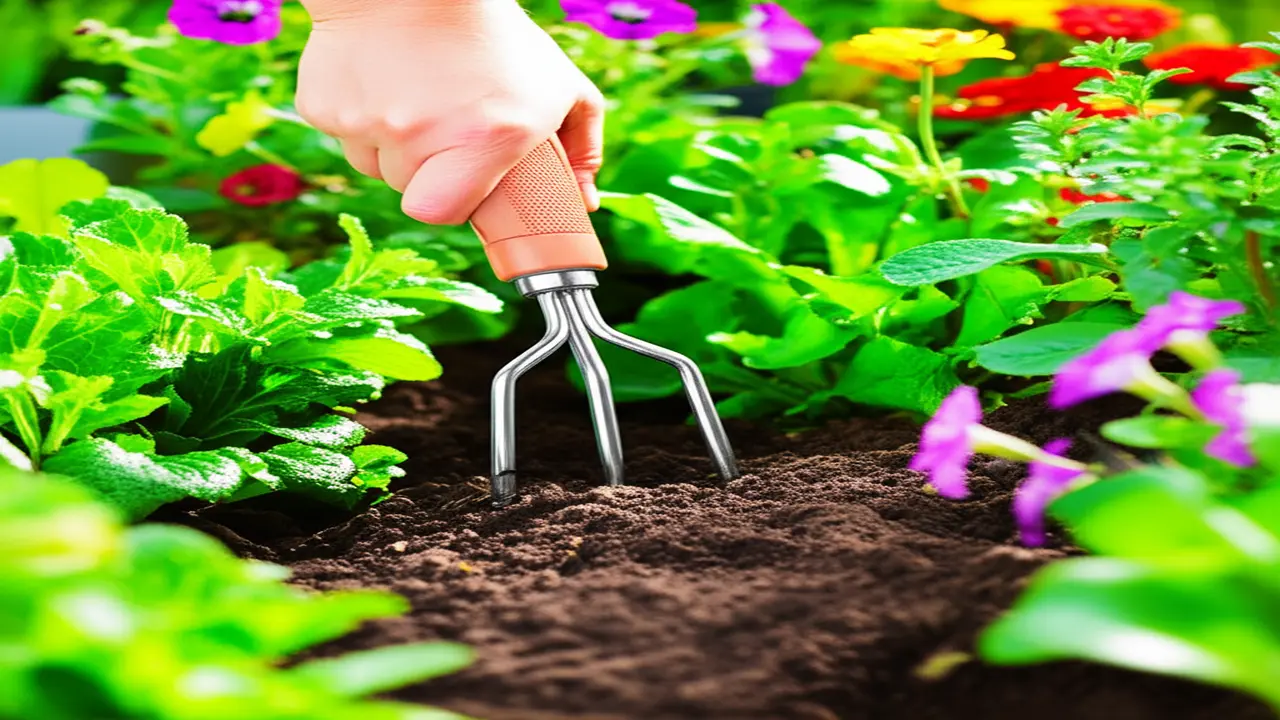 Gardener using hand fork for loosening compacted soil in garden bed