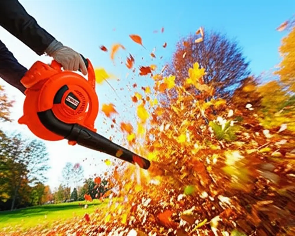 Cordless handheld leaf blower in use clearing leaves