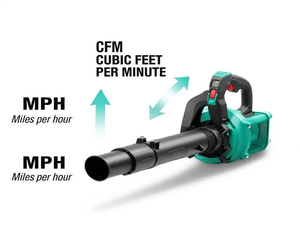 Diagram showing CFM and MPH metrics on leaf blower