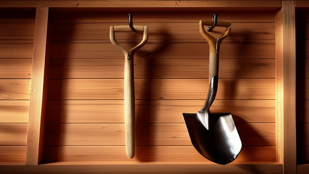 Hanging garden spade on hooks in dry shed for ideal winter garden spade storage