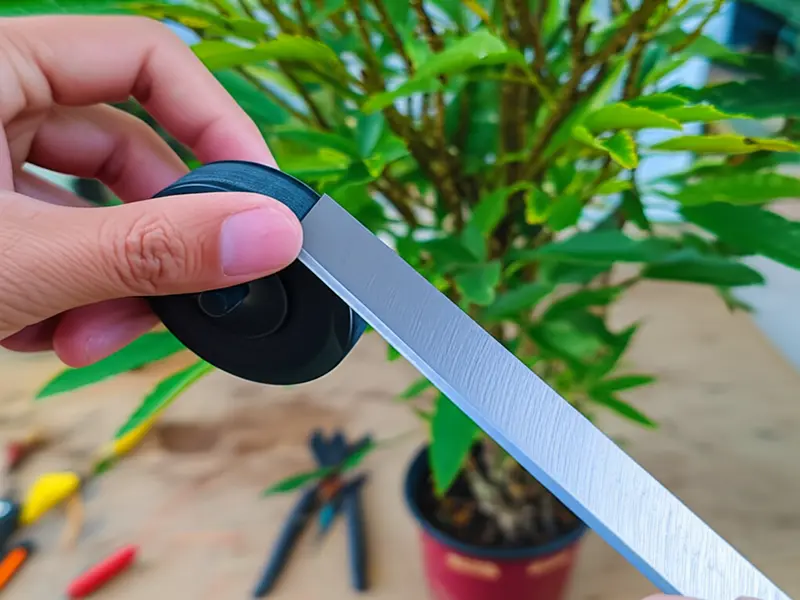 A gardener using sharp bypass pruning shears to make a clean cut on a plant stem, illustrating precision.