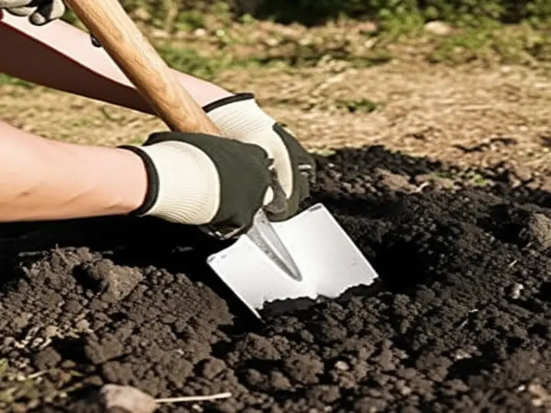 A gardener demonstrating the use of a broadfork to aerate garden soil, standing with feet on the broadfork's bar and hands on its handles.
