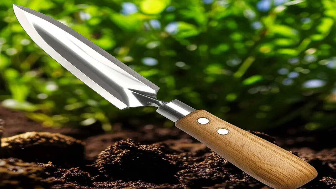 Hori Hori Japanese hand cultivator showing sharp blade and ergonomic handle