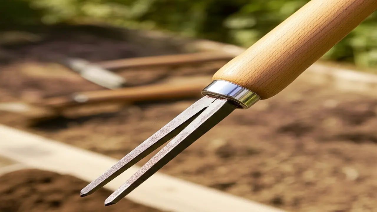 Japanese hand cultivator being cleaned with oil to prevent rust and maintain sharpness