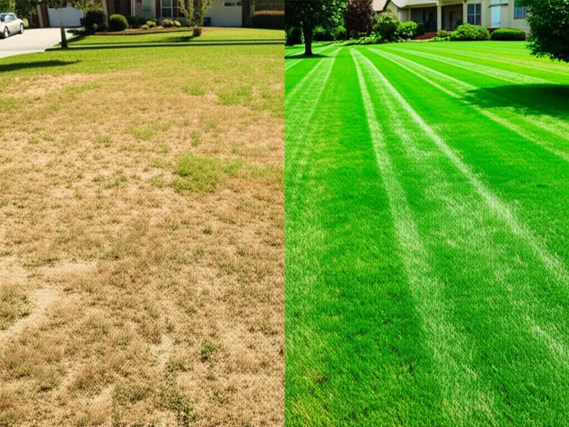 Lawn care professional looking at a large green lawn with a house in the background
