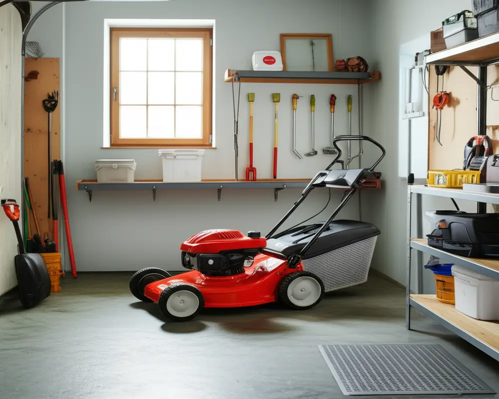Ideal dry and ventilated lawn mower storage location to prevent winter damage