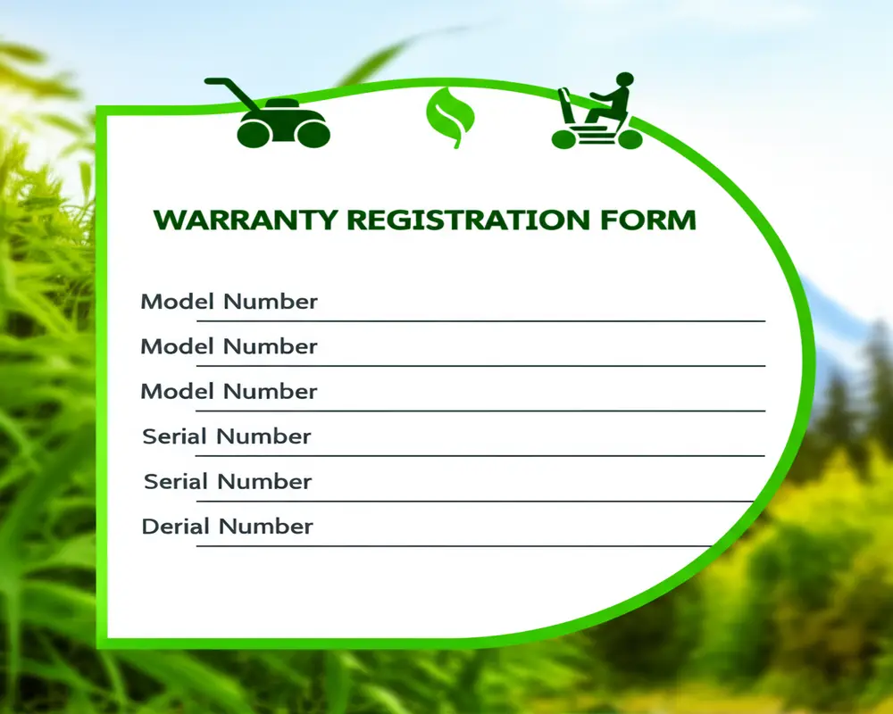 Lawn mower warranty registration form with model and serial number detail