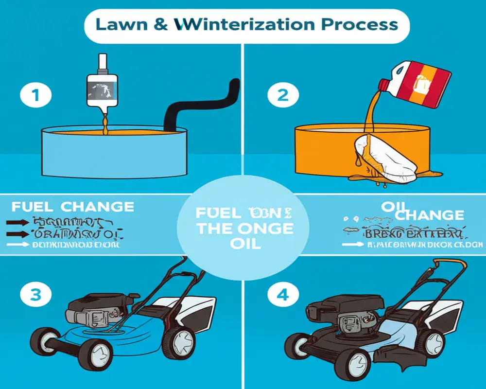 Step-by-step lawn mower winterization process including fuel stabilization and oil change