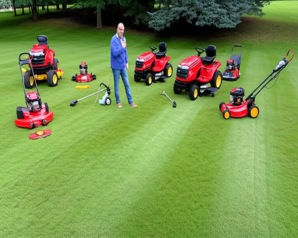 Various lawn care equipment used in professional lawn mower interviews