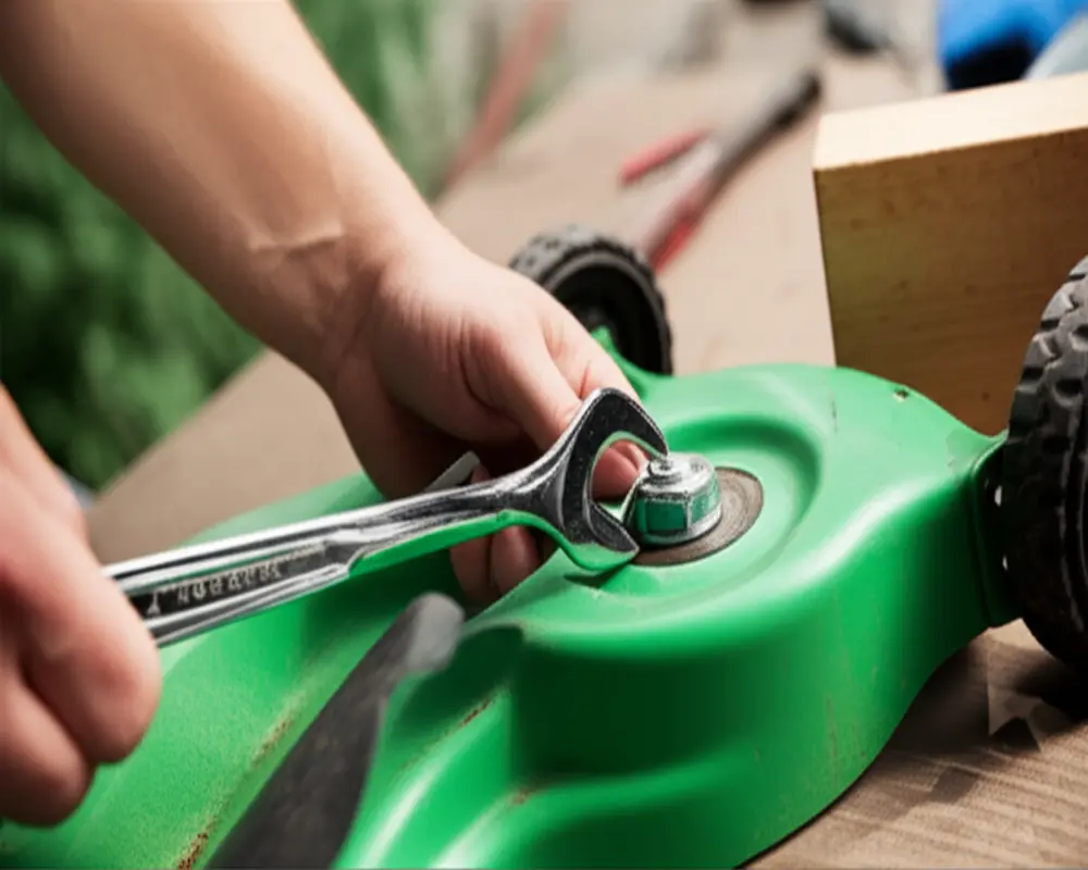 Lawn mower blade removal using wrench and wooden block