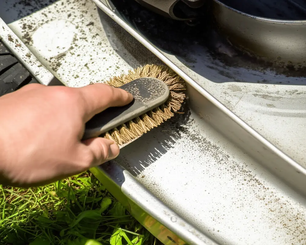 Lawn mower deck being cleaned with wire brush