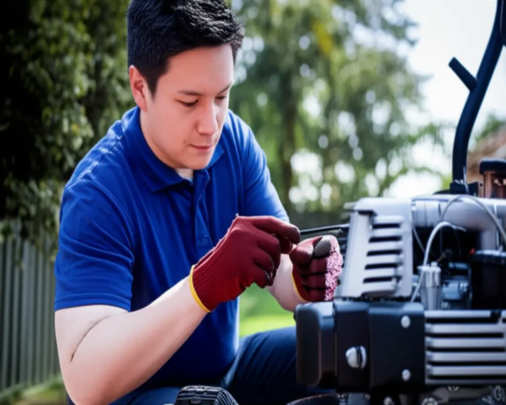 Inspecting loose engine mounts on lawn mower Inspecting loose engine mounts on lawn mower