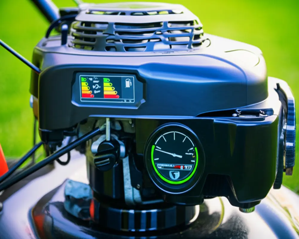 Lawn mower showing fuel efficiency features and gauges