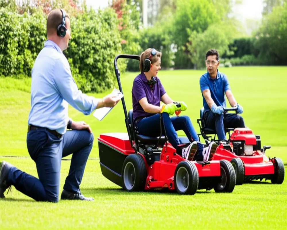 Professional lawn mower interview candidates demonstrating equipment operation and safety