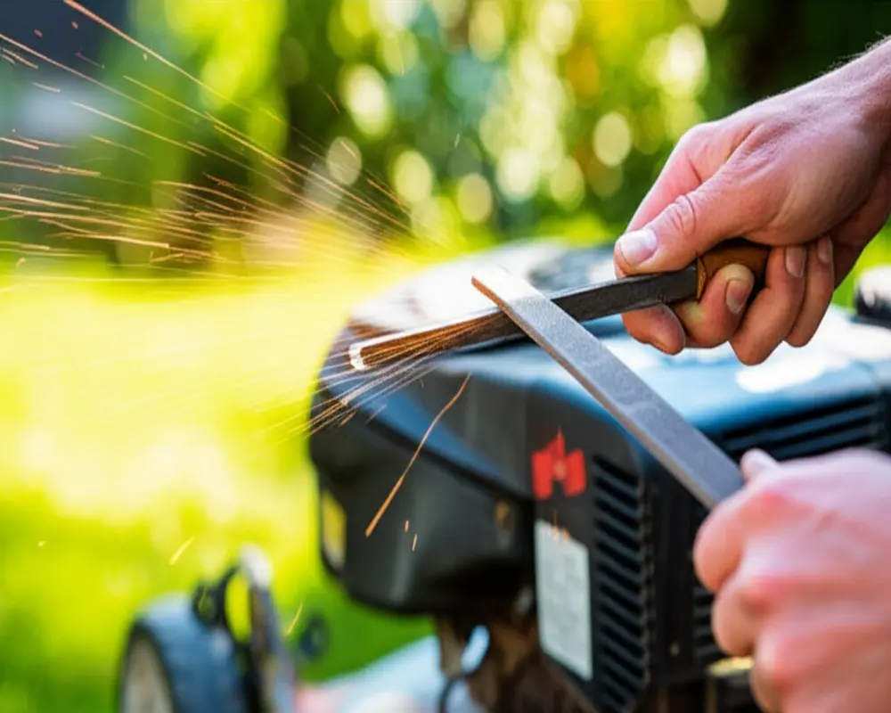 Person sharpening a lawn mower blade with a file