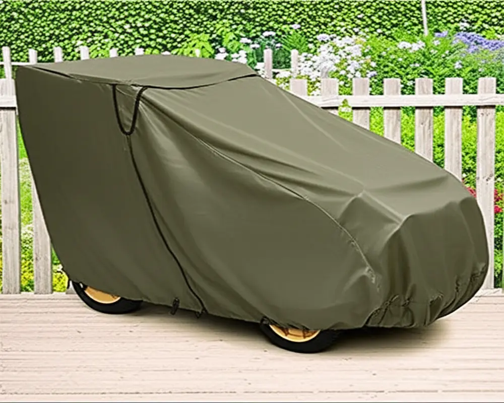 Durable waterproof cover protecting lawn mower in outdoor storage Durable waterproof cover protecting lawn mower in outdoor storage