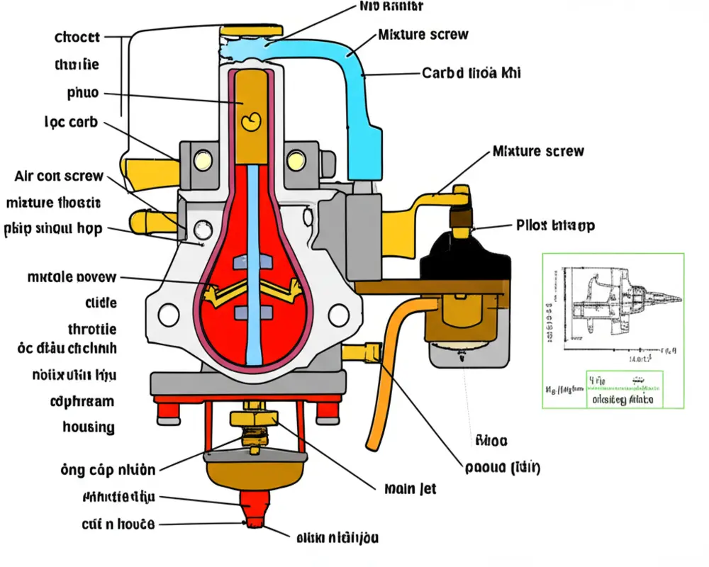 Overview diagram showing leaf blower carburetor adjustment components and air-fuel mixture