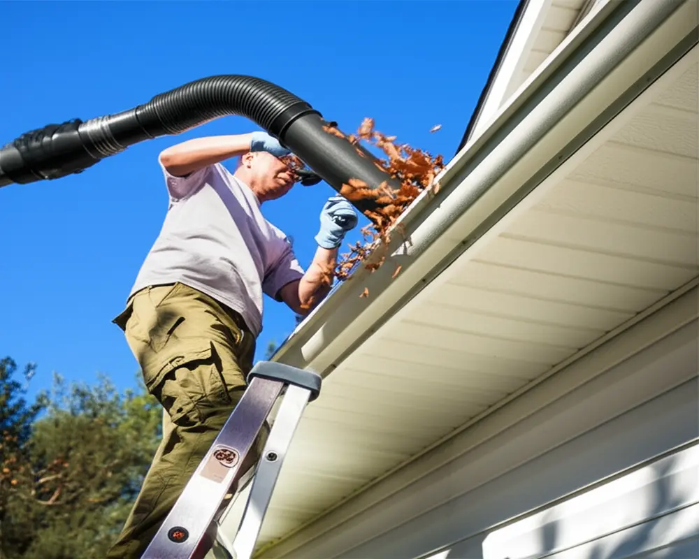 Leaf blower gutter cleaning setup with ladder, curved nozzle, and extension tube for gutters