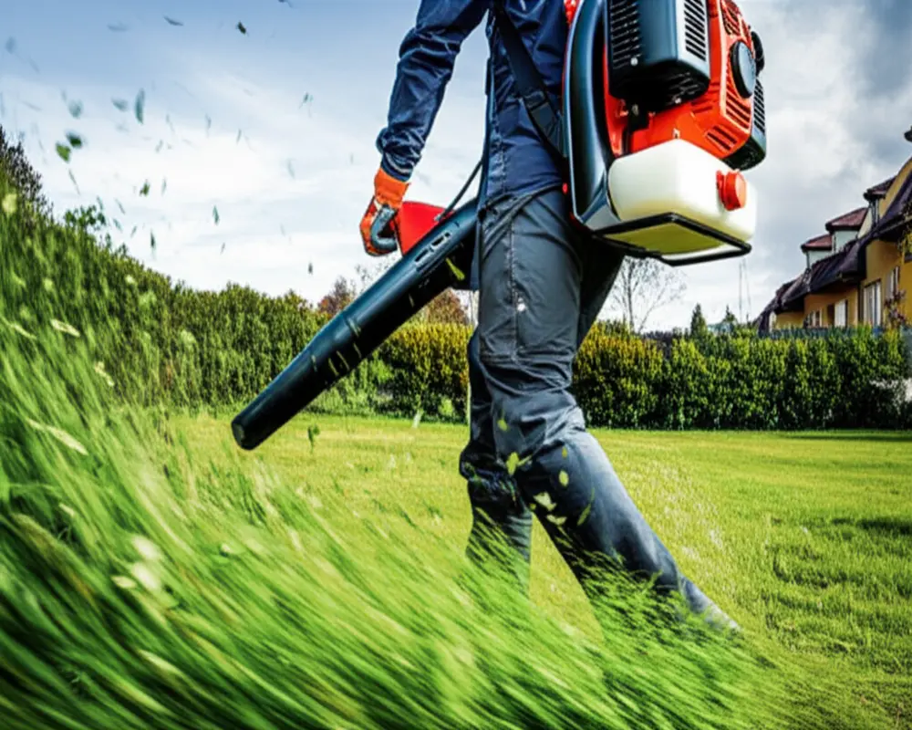 Gas backpack leaf blower powering large yard with high CFM/MPH