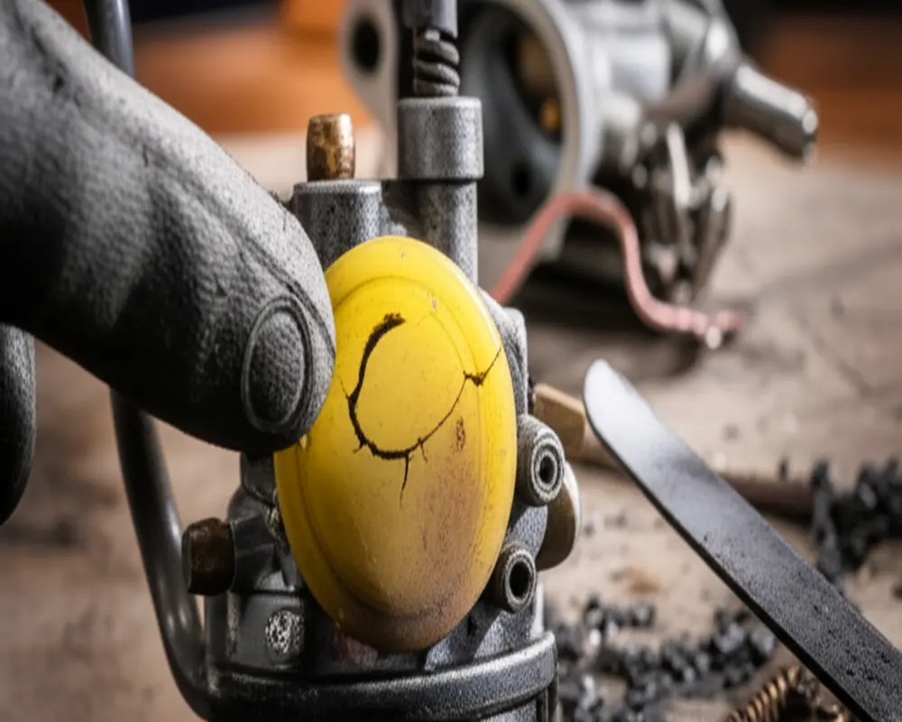 Leaf blower primer bulb diagnosis showing cracked bulb and fuel lines