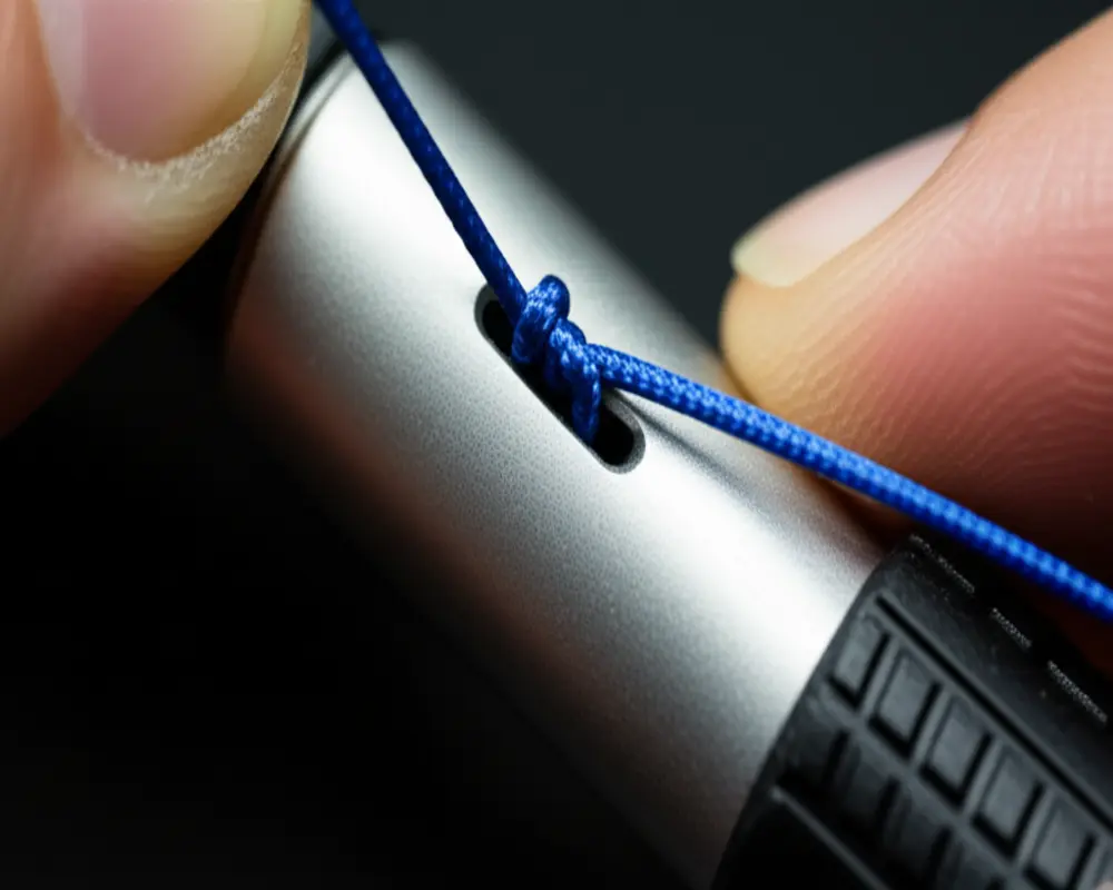 Threading and knotting the new cord through housing and handle