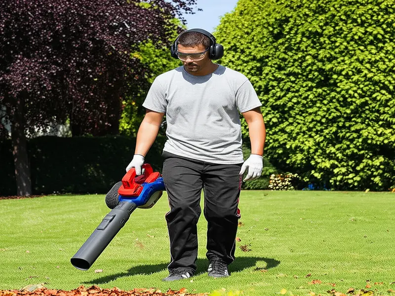 A person wearing safety glasses, earmuffs, and gloves while operating a leaf blower in a garden