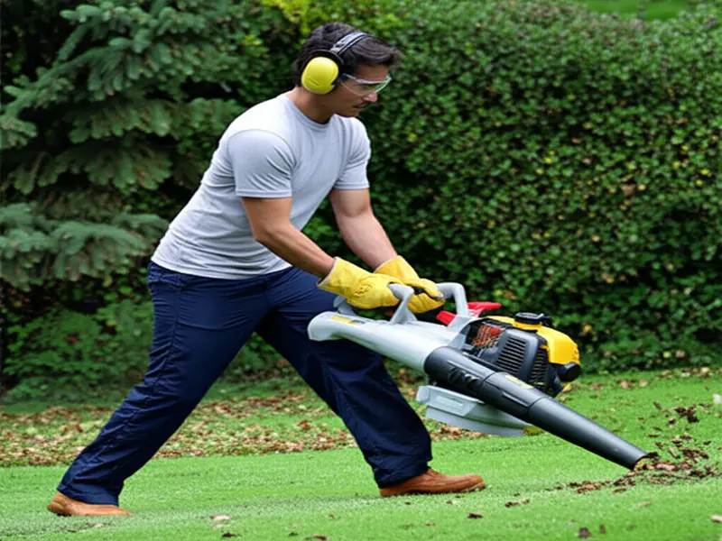 A person wearing safety glasses and ear defenders, holding a leaf blower, emphasizing personal protection and careful operation.