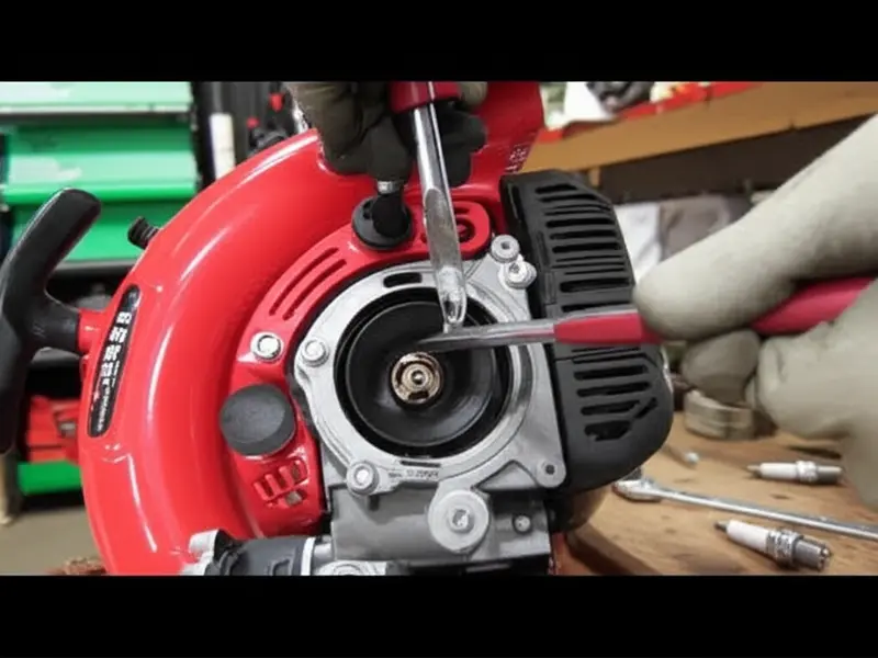 A close-up image of a leaf blower spark plug being held against a blurred background of a leaf blower engine, highlighting its central role in the machine's operation.