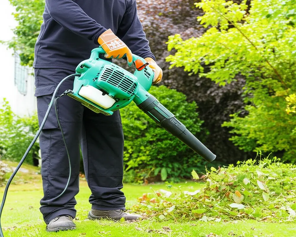 Safety gear including gloves, hearing protection, and safety glasses for leaf blower use