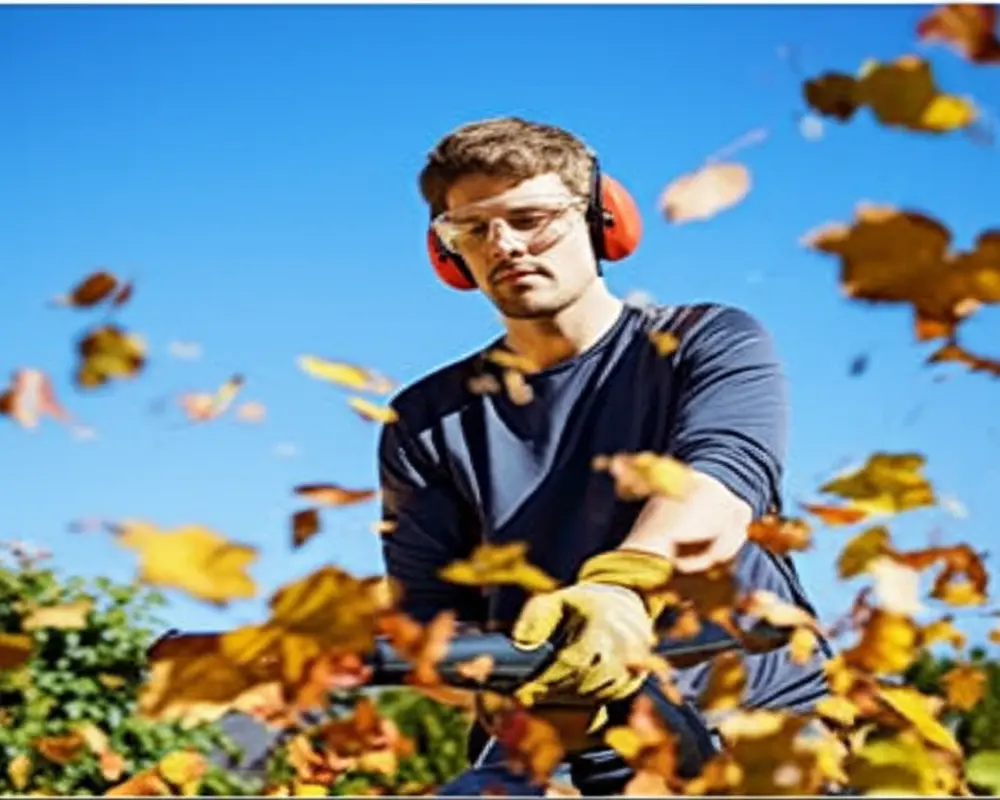 Hearing Protection for Leaf Blower Users Person Using Leaf Blower Wearing Hearing Protection to Reduce Health Risks