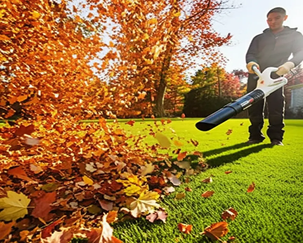 Powerful leaf blower clearing dry leaves from a yard efficiently